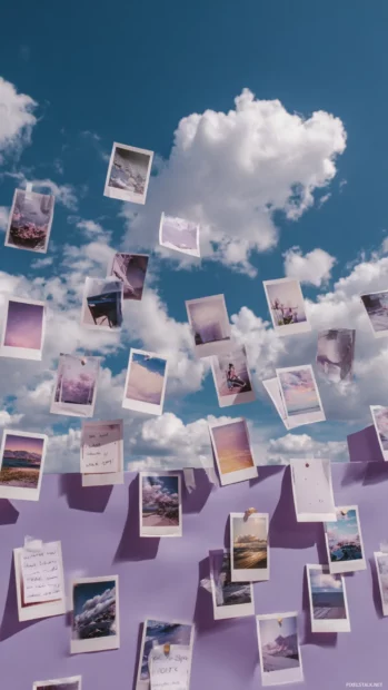Aesthetic lavender wall with Polaroids, inspirational notes and sky photographs.