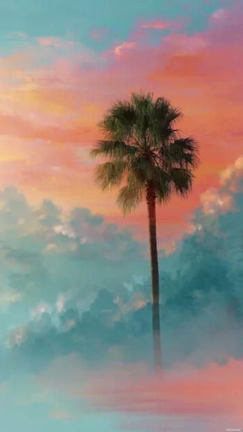 Aesthetic palm tree blending harmoniously with the calm hues of a dreamy evening sky.