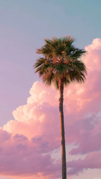 Aesthetic palm tree gracefully standing against a pastel gradient sky with soft sunset light.