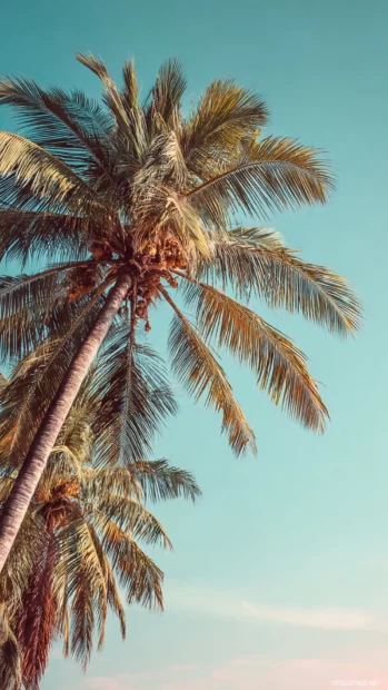 Aesthetic palm tree reaching into a clear sky with pastel tones and smooth ocean views.