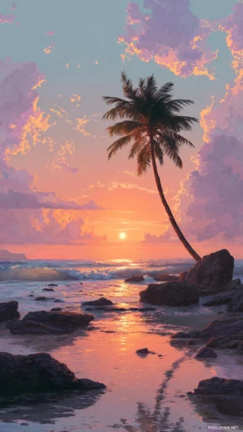 Aesthetic palm tree set in a serene tropical sunset with gentle waves in the distance.