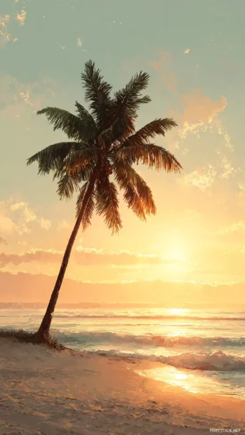 Aesthetic palm tree standing alone on golden sands beneath a wide open sunset horizon.