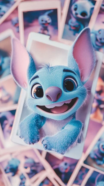 Aesthetic polaroid collage of Stitch photos pinned on a pastel board.