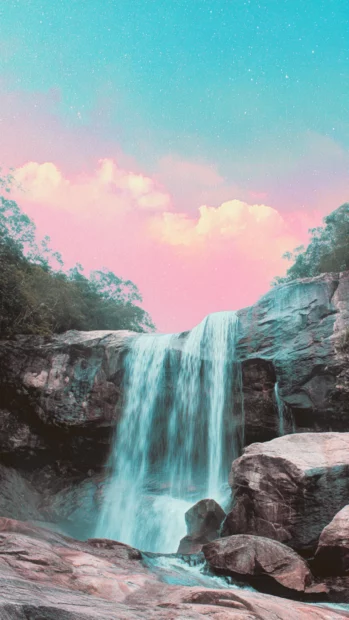 Aesthetic waterfall iPhone wallpaper combining long exposure blur of waterfall with pastel gradient sky and minimal textural rocks.