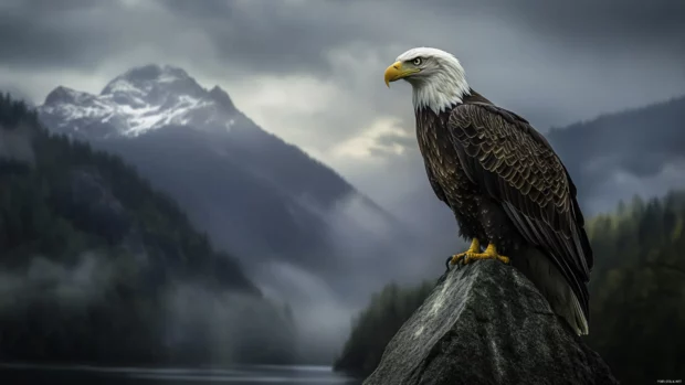 American bald eagle wallpaper with misty mountains in the background and dramatic lighting.