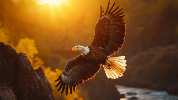 American eagle above riverbank cliffs during golden hour.