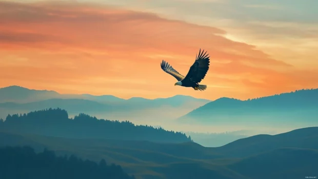 American eagle above rolling hills under a pastel colored sky.