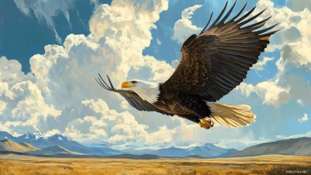 American eagle above the wild plains with distant thunderclouds.
