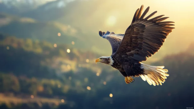American eagle wallpaper 4K with glowing highlights and soft background blur over a wide valley.