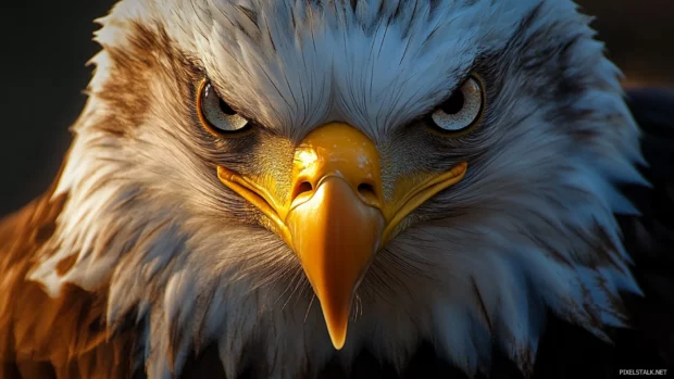American eagle wallpaper close up showing intense eyes, hooked beak, and textures under harsh lighting.