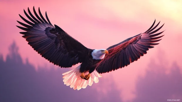 American eagle wings aglow in the pink sky of early dawn.