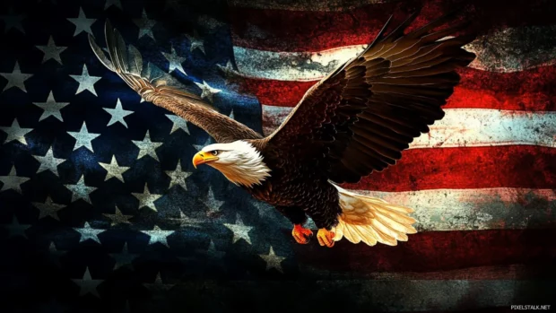 American flag eagle wallpaper with a proud eagle rising in front of the waving stars and stripes.