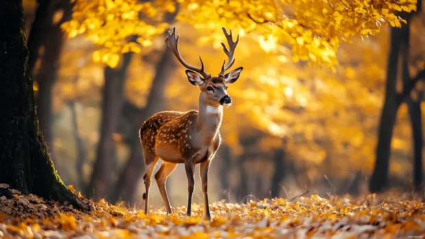 Amid golden autumn leaves, a cool deer calmly stands with poise.