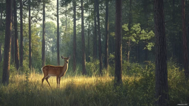 Among tall pines, a cool deer emerges into a clearing bathed in morning light.