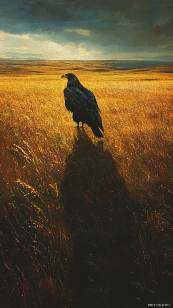 Among the golden plains, the Eagle casts a long shadow over the grass.