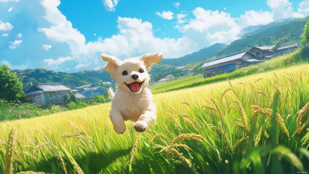 An adorable anime puppy running joyfully through a rice field in the Japanese countryside.