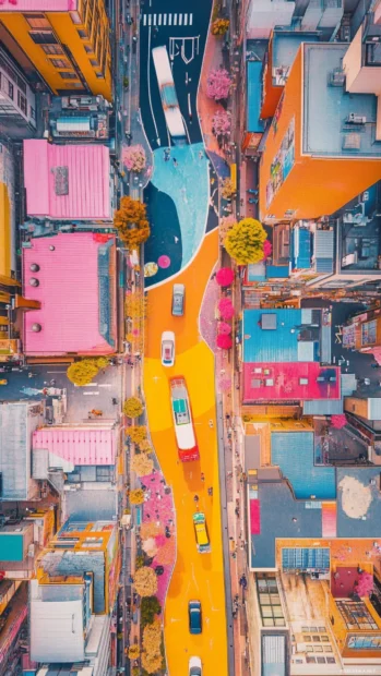 An aerial view of Japan city streets filled with color where modern architecture meets tradition.