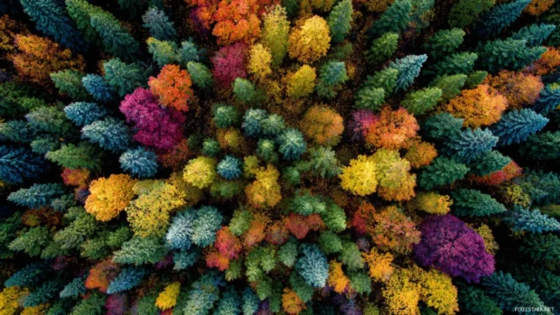 An aerial view of a dense fall forest, creating a vibrant mosaic of autumn colors spreading across the landscape.