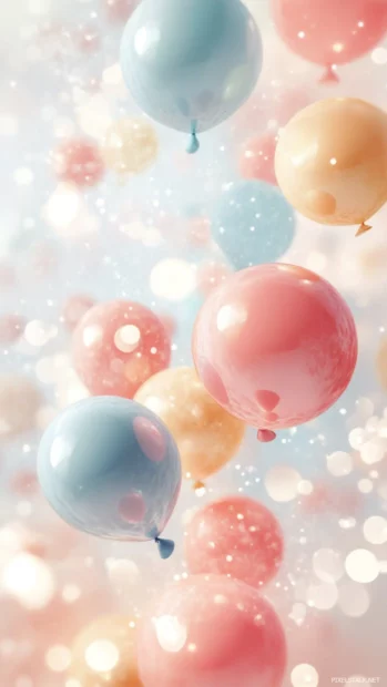 An aesthetic birthday iPhone wallpaper showcasing pastel colored balloons floating against a soft background.