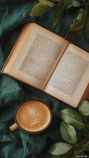 An aesthetic book wallpaper with coffee beside an open poetry book, shot from above.