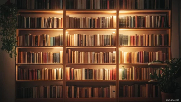 An aesthetic bookshelf wallpaper showcasing minimalist shelves with neatly arranged novels and soft lighting.