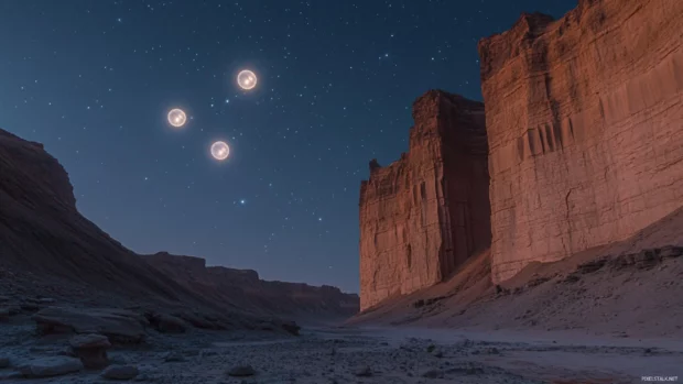 An alien canyon glows softly under triple moons as starlight casts shadows across jagged cliffs.