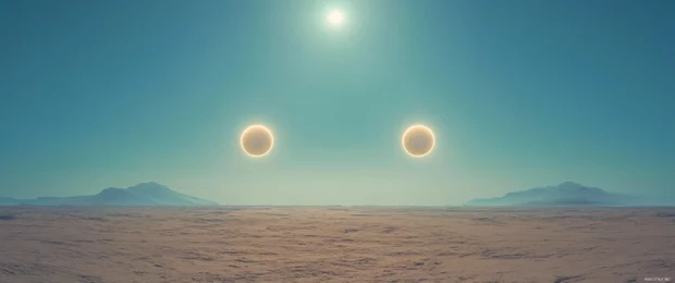 An alien desert under twin suns portrayed in surreal 3440x1440 ultra wide vision.