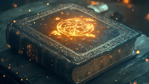 An ancient Book with magical symbols glowing on its cover.