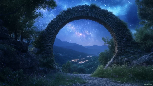 An ancient stone arch frames a quiet valley bathed in starlight, blending Earthly beauty with cosmic wonder.