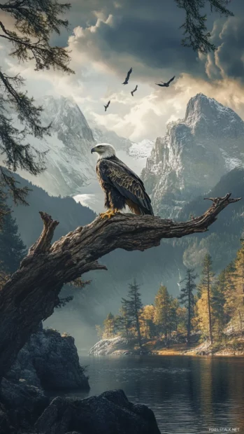 An ancient tree branch becomes the resting place for a majestic Eagle.