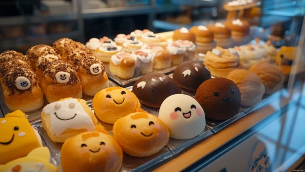 An anime bakery in Tokyo with adorable pastries shaped like animals and smiling characters.