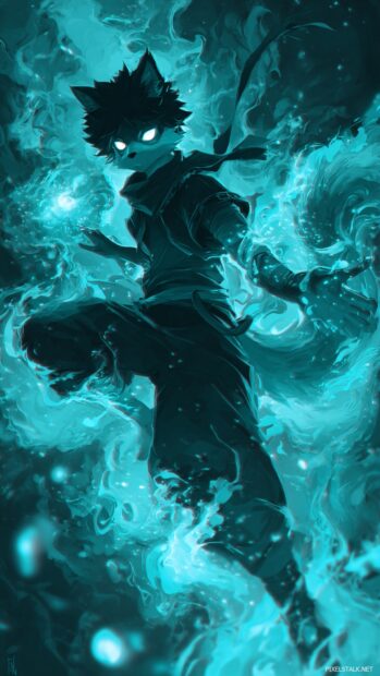 An anime inspired cool fox anime wallpaper with dynamic action pose, glowing eyes and swirling magical particles.