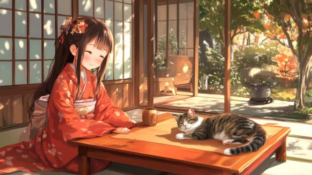 An anime scene of a girl sitting at a traditional kotatsu table with a sleeping cat in Japan.
