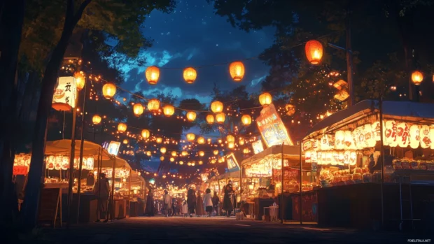 An anime style festival scene with cute lanterns and food stalls glowing at night in Japan.