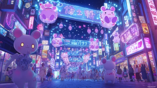An anime styled Tokyo street glowing with neon lights and filled with cute animal mascots.