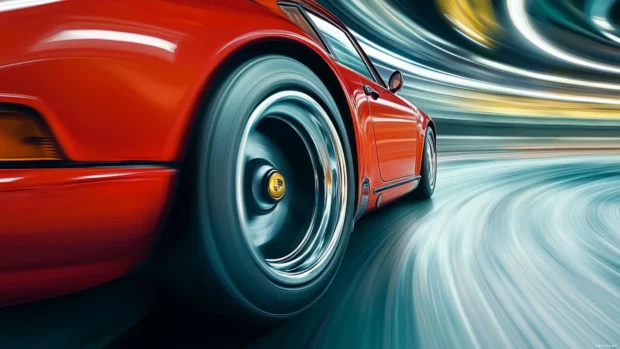 An artistic close up of Porsche wheels spinning fast with motion blur and fine details in the tire textures.