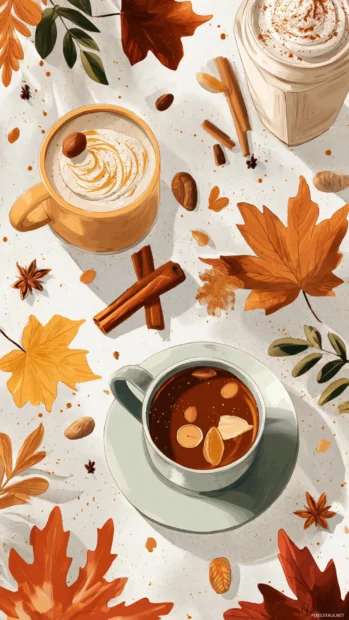 An artistic composition of Fall vibes with warm beverages, cinnamon sticks and falling leaves.