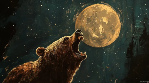 An artistic depiction of a bear roaring under a full moon in a night sky filled with stars.