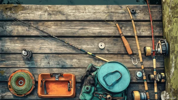 An artistic rendering of bass fishing gear neatly arranged on a wooden dock.