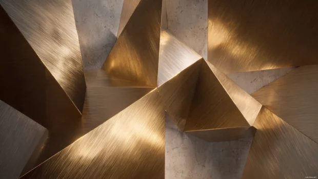 An artistic rendering of geometric forms in brushed gold aligned with clean precision.