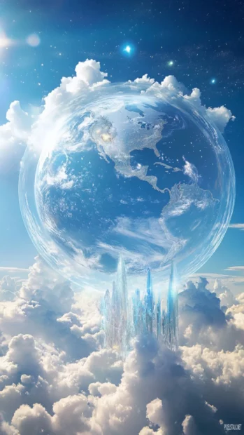 An artistic view of Earth encased in crystal and surrounded by clouds.