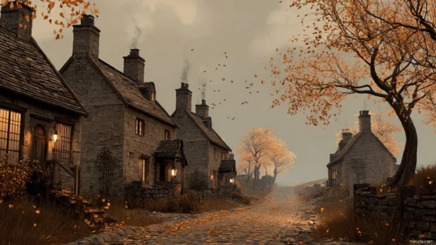 An atmospheric Dark Fall village with stone cottages, chimney smoke rising, and amber leaves drifting in the wind.