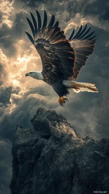 An eagle iPhone wallpaper with dramatic lighting as the eagle takes off from a cliff under thunderclouds.