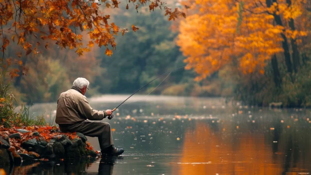 An elderly man peacefully fishing on a pond surrounded by autumn colors.
