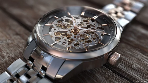 An elegant Luxury watch with a shiny metal strap, intricate gears and refined minimal design.