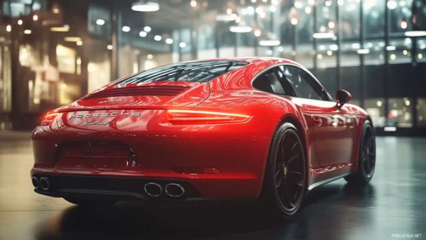 An elegant Porsche displayed in a luxury showroom with modern lighting, premium car wallpaper.