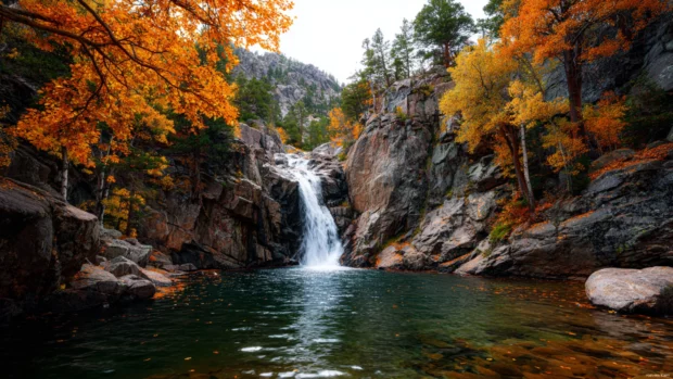 An elegant Waterfall emerging from rocky cliffs into an emerald lake surrounded by colorful fall leaves in 4K.
