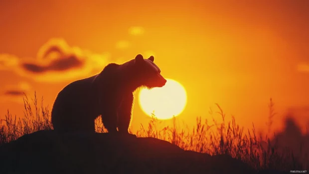 An elegant bear silhouette outlined against a glowing orange sunset on a hilltop.