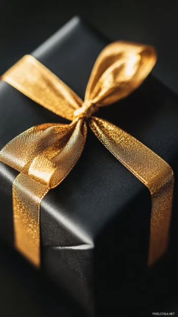 An elegant birthday iPhone wallpaper displaying a beautifully wrapped gift box with a golden ribbon.