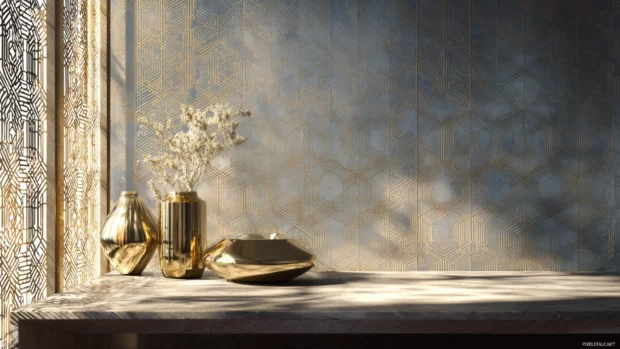 An elegant blend of Modern Geometric patterns layered with soft lighting and transparency.